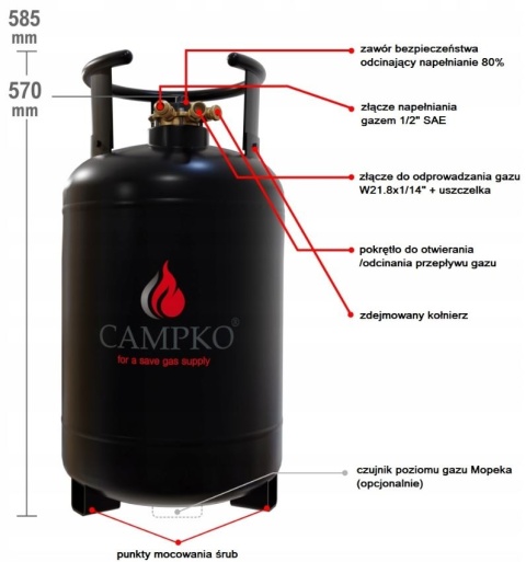 Butla gazowa stalowa Propan Butan LPG z wielozaworem CAMPKO 16kg (30l)